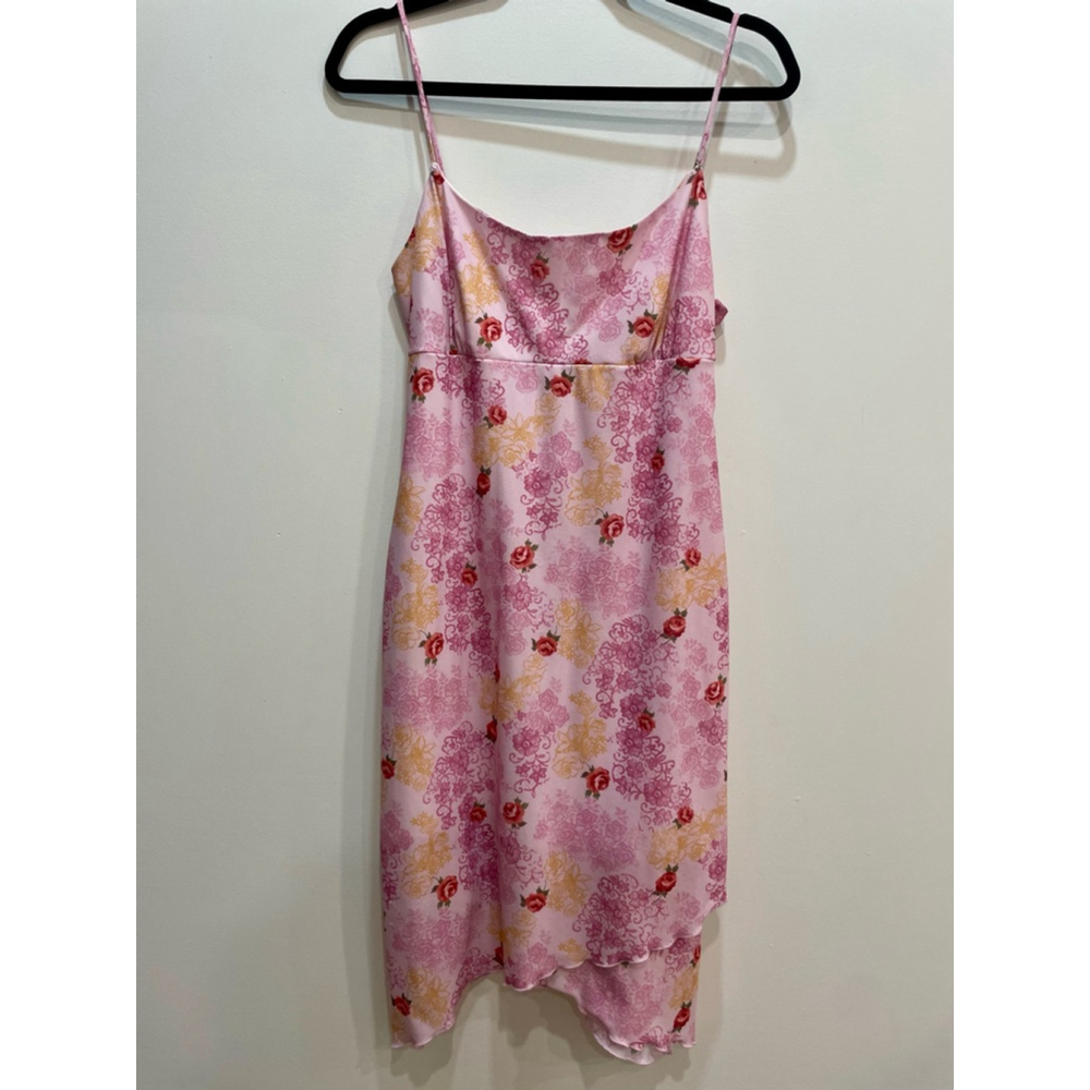 Vintage Y2K Pelican Cove Babydoll Dress L Pink Floral Spaghetti Strap Asymmetric